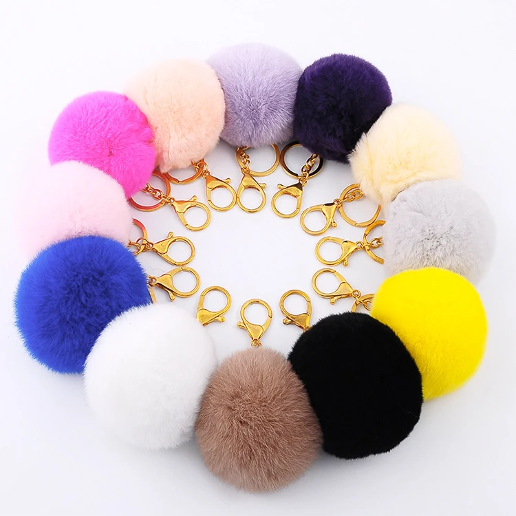 Hot Sale Multicolor Faux Rabbit Fluffy Fur Puff Ball Keychains with Initial Letter Charm Keyring