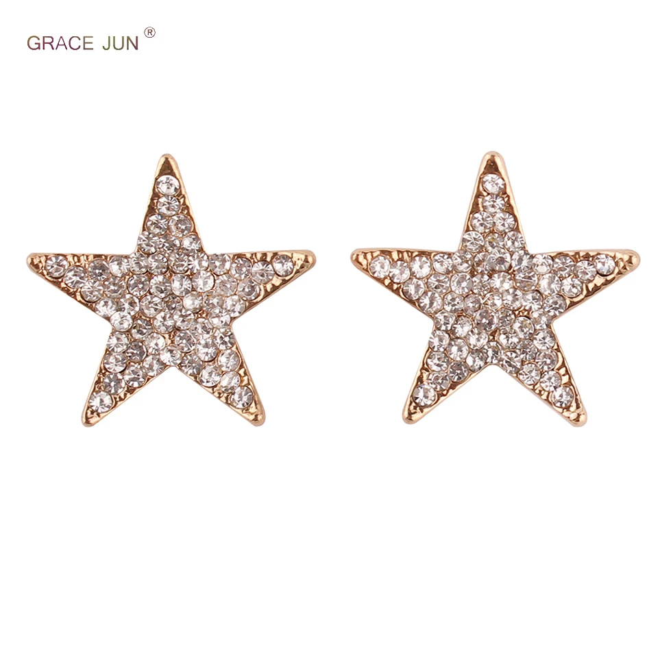 GRACE JUN Gold Silver Color Star Clip on Earrings No Pierced for Women Gilr Hypo-allergenic Cuff Rhinestone Earrings