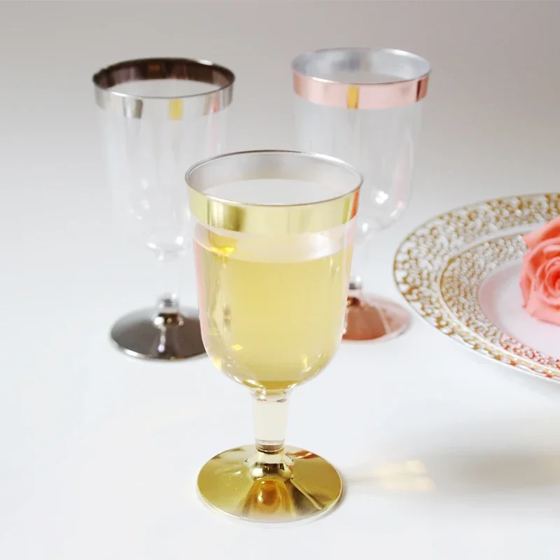 2 Pieces 5 OZ Claret Glass Plastic Detachable Red Wine Cups with Silver Rim Plastic White Wine Glass Wedding Tableware