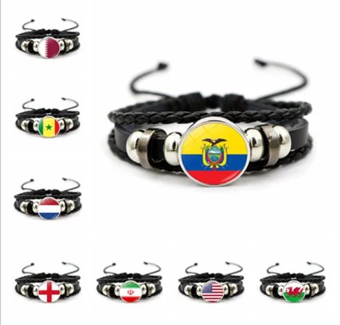 Country flag logo glass gem leather bracelets stocks Nation flag football fan bracelets football game Sports bracelets gifts
