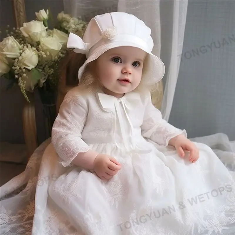 Wholesale Newborn Baby White Baptism Dress Wedding Party Long Sleeve Lace Dresses Toddler Girls Christening Gown With Hat