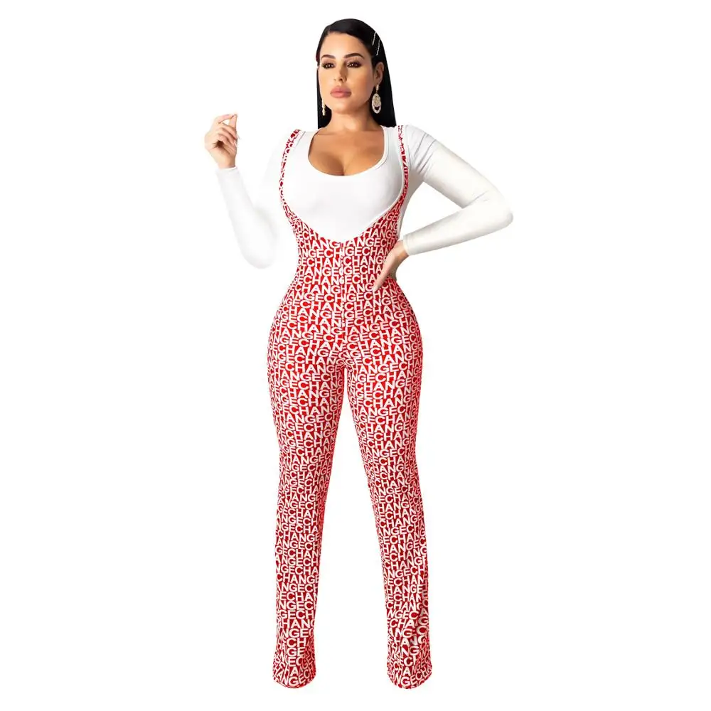 
New Arrivals Autumn Fashion Women Casual Long Sleeve T-shirt Suspender Flared Pants 2 Pieces Set Letter Printed Outfits Jumpsuit 