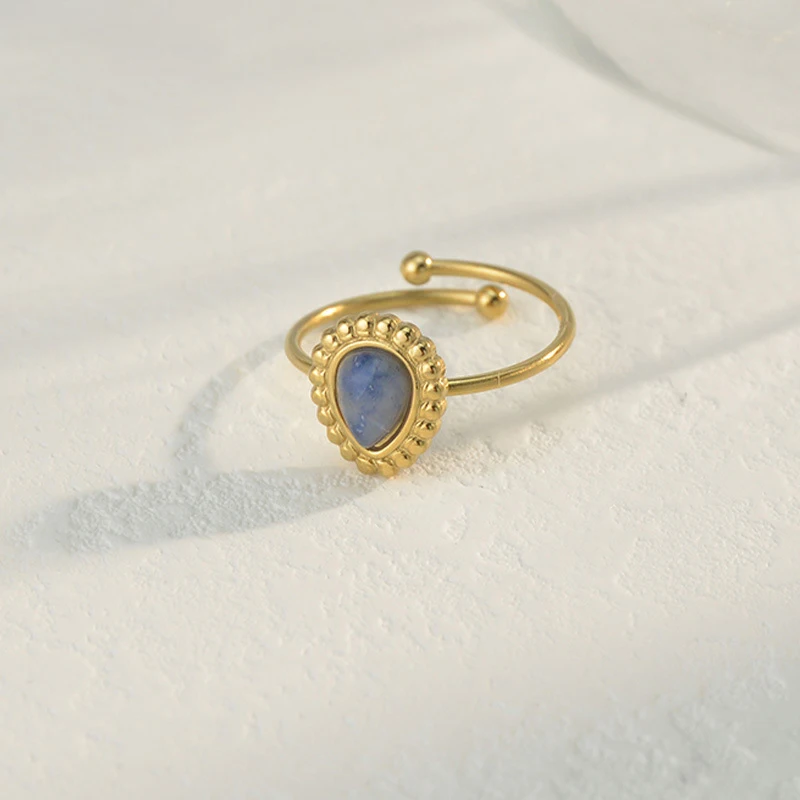 French Style Retro Elegant 14K Gold Plated Adjustable Water Drop Pine Stone C Shape Ring for Women