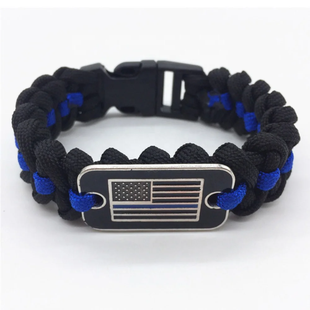 New design thin blue line survival paracord bracelet flag charm bracelet with adjustable buckle