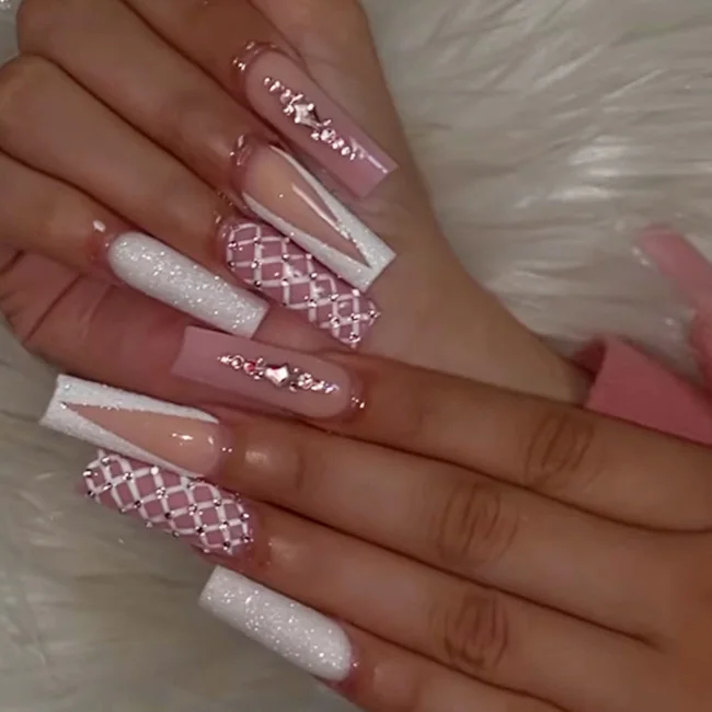 Naixi Nails Wholesales INS Trendy Nails Luxury Long Ballerina Rose Pink Spots Press on Nails Custom Artificial Fingernails Tips