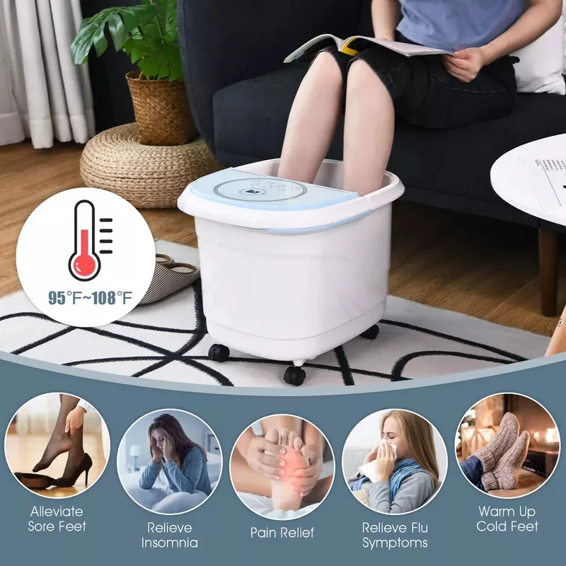 Temperature Adjustable Relaxing Heat Bubble Foot Spa Bath Massager with 14 Removable Massaging Rollers