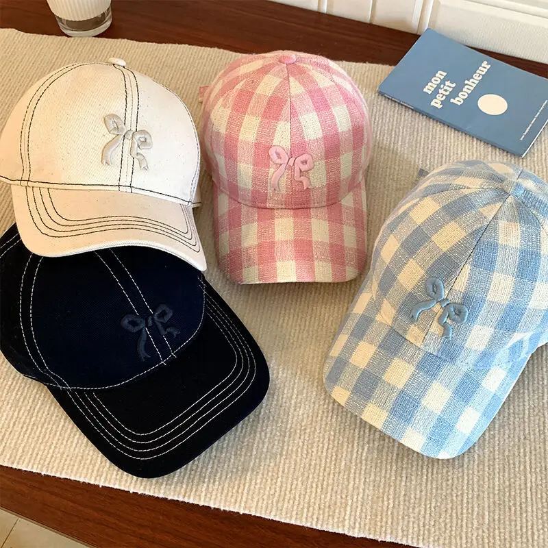 New solid color three-dimensional bow embroidered duckbill hat plaid casual sun protection baseball caps for men and women