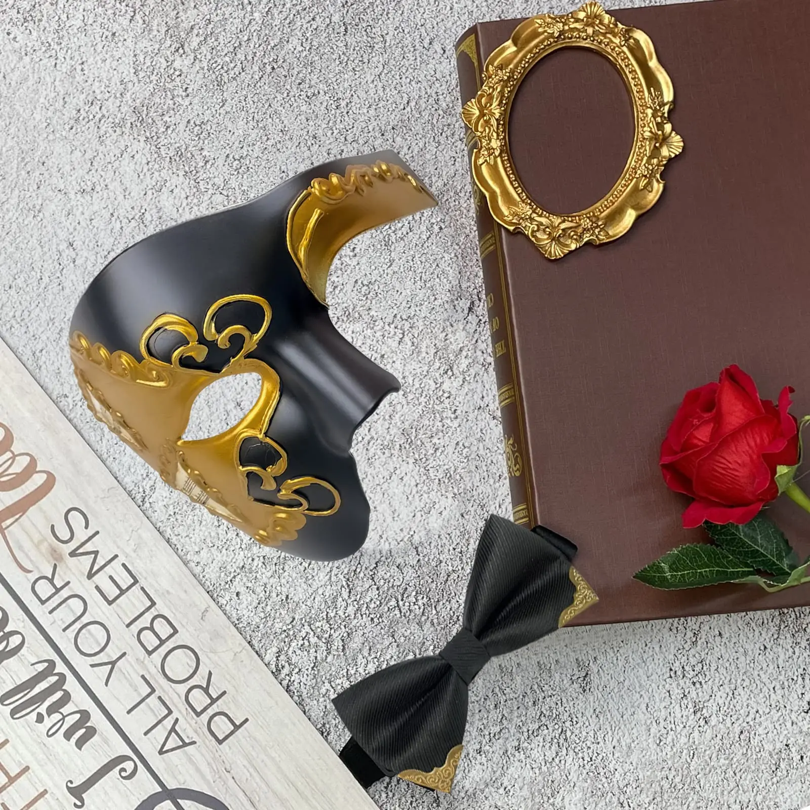 Mens Masquerade Mask Phantom of The Opera Half Face Mask with Bowtie for Halloween Costume Party