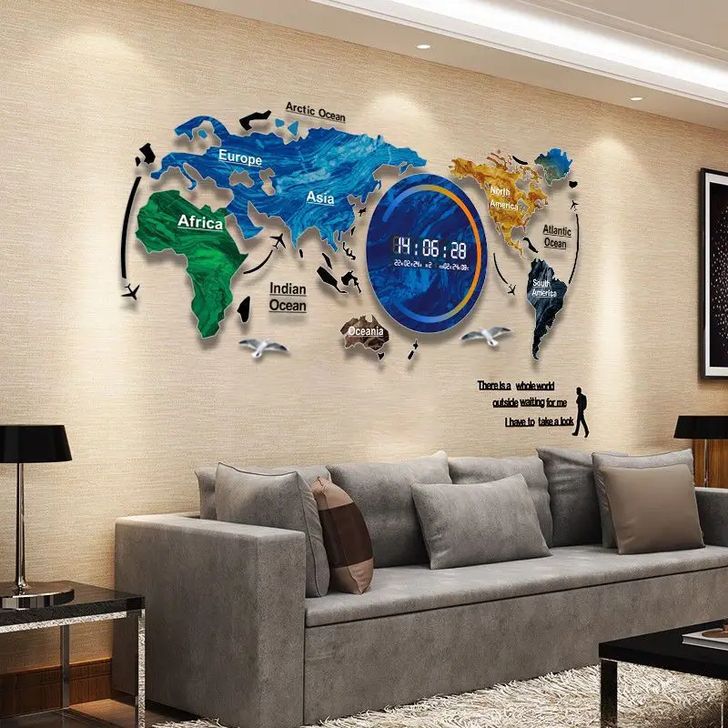 Modern World Map Home Wall Decoration Digital Display Calendar Electronic Clock Silent Acrylic Large Screen Clock Wall Hanging