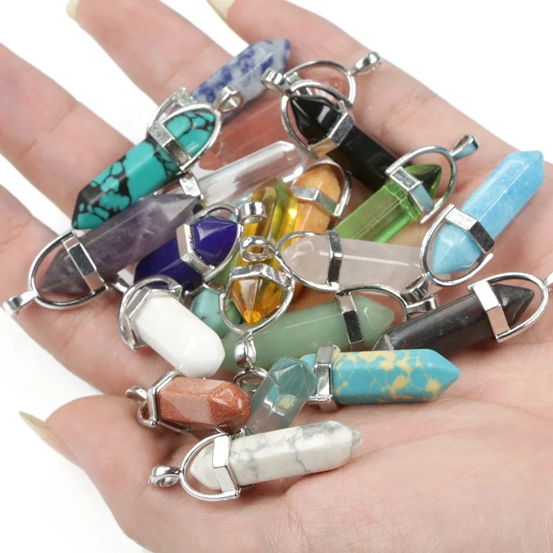 Hexagonal Chakra Pendant Bullet Crystal Pendant Gem Pointed Quartz Stone Pendant with Storage Bag