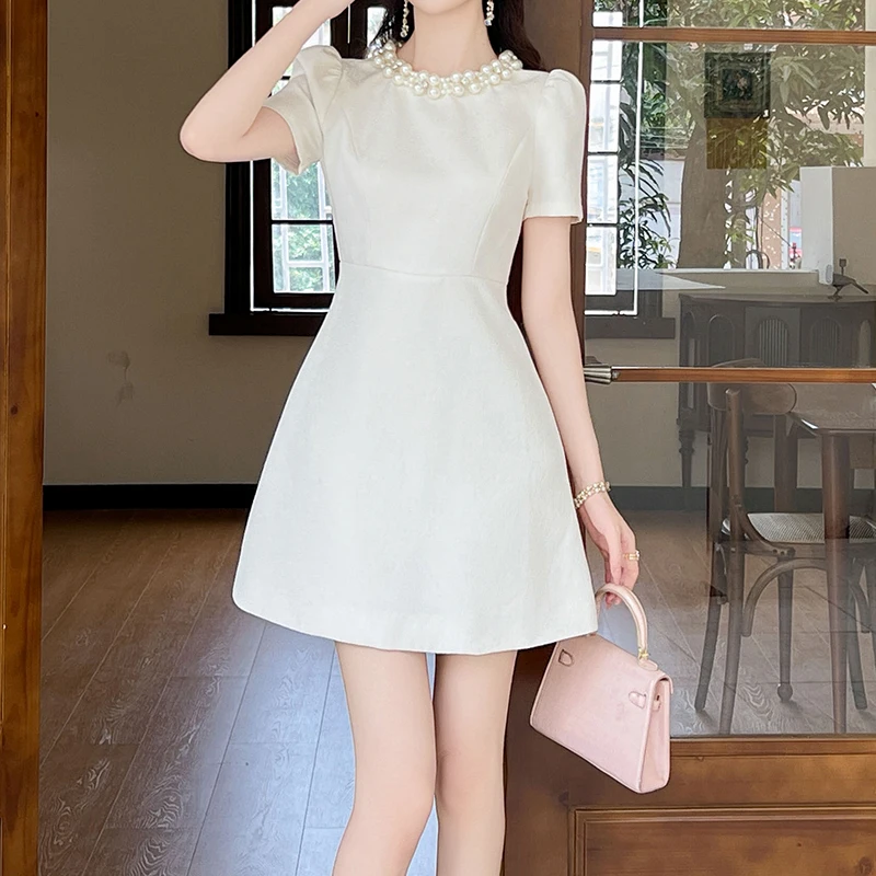 ZYHT 21251 Wholesale Round Neck Black White Casual Summer Elegant Birthday Party Womens Luxury Dresses with Pearls