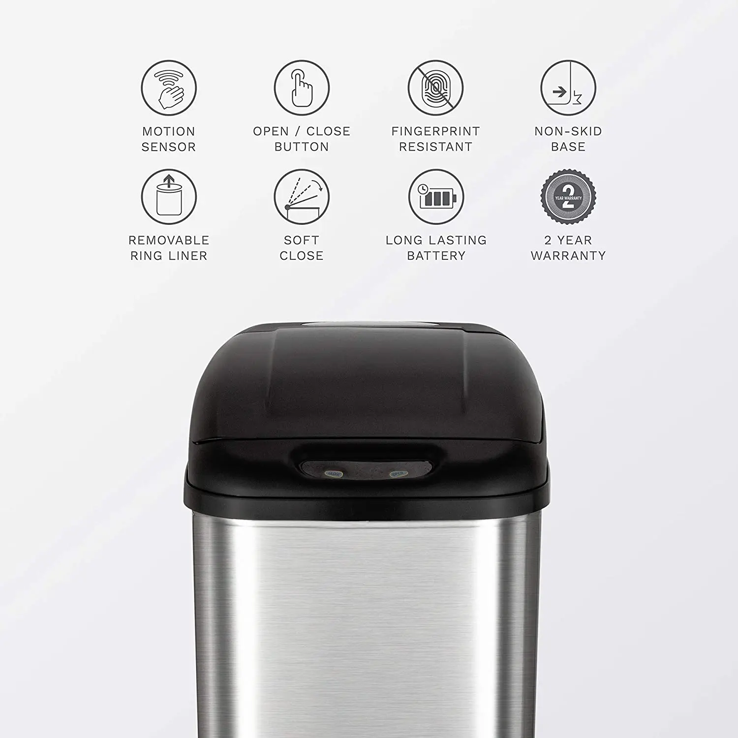 NINESTARS DZT-50-6 Automatic Touchless Infrared Motion Sensor Trash Can, 13 Gal 50L, Stainless Steel Base (Rectangular, Black Li