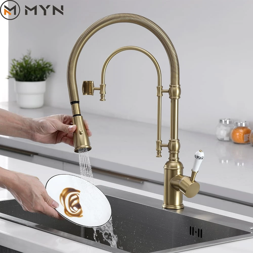 Latest all copper brass American style chrome black gold kitchen faucet sink spring pressurized cold and hot rotating faucet