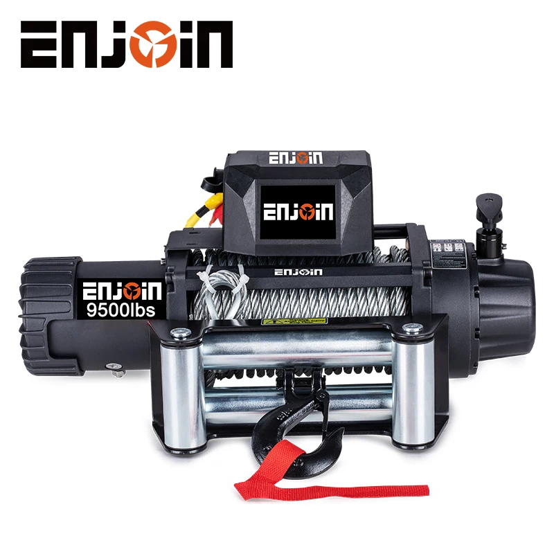 ENJOIN 12V/24V 9500lbs nylon and wire rope electric winch Powerful Motor for ATV UTV Off Road Trailer