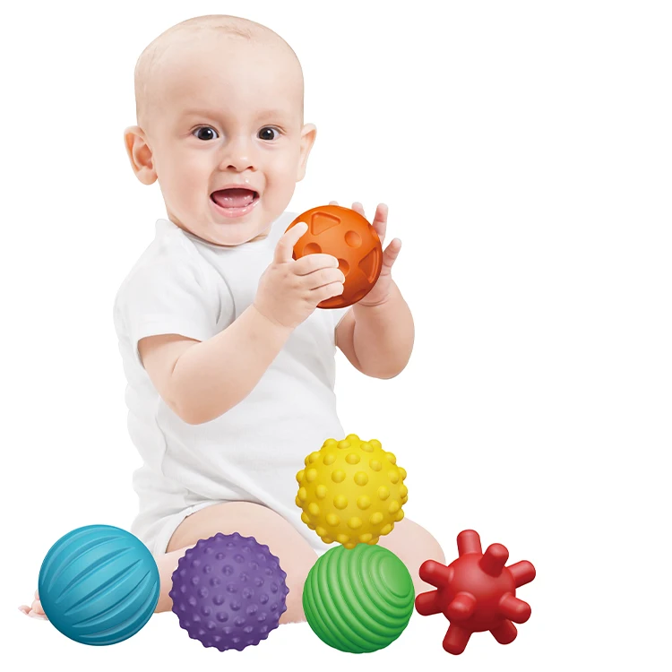 Kidsmelody 6 pcs texture balls design rich color educational toys baby teether touch ball with sound ball silicone