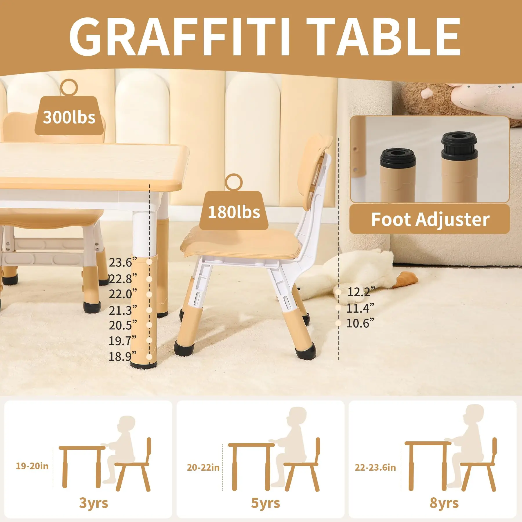 Kids Table and Chair Set,Height Adjustable Toddler Table and Chair Set for Study,31.5'L x 23.6'W Graffiti Table with 4 Chairs