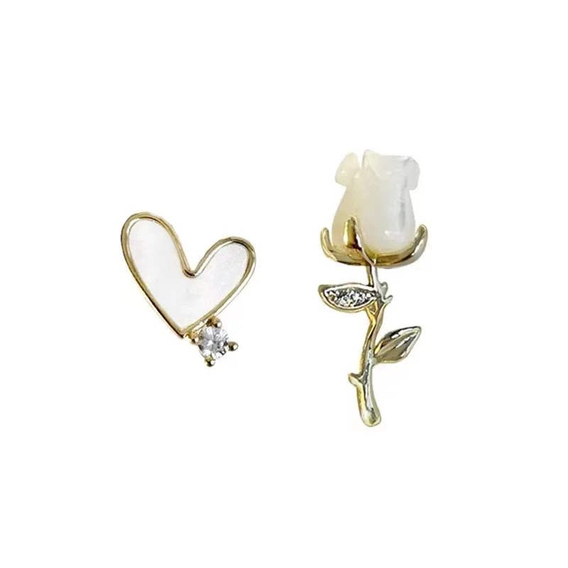 Trendy Gold Plated Alloy Jewelry Zircon Imitation Pearl White Rose Heart Asymmetrical Stud Earrings