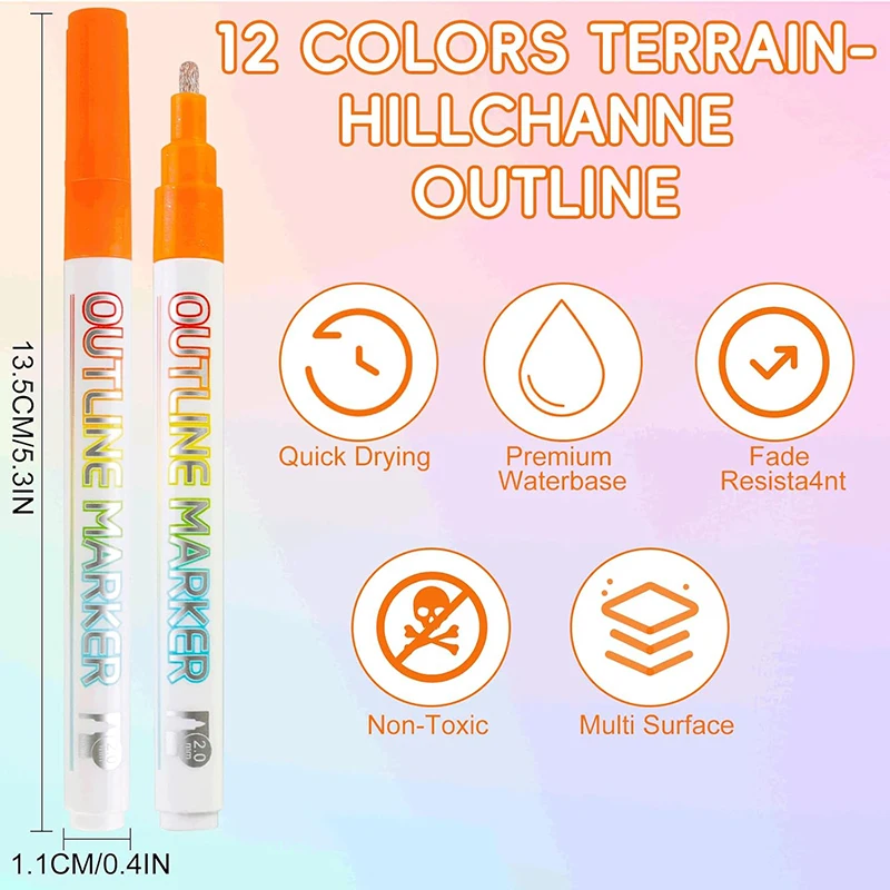 2025 Dual Line 12 Color Outline Markers Hand Painted Manga Drawing Markers Pen Sketch Oily Twin Brush Pen Outline Art Marker Set