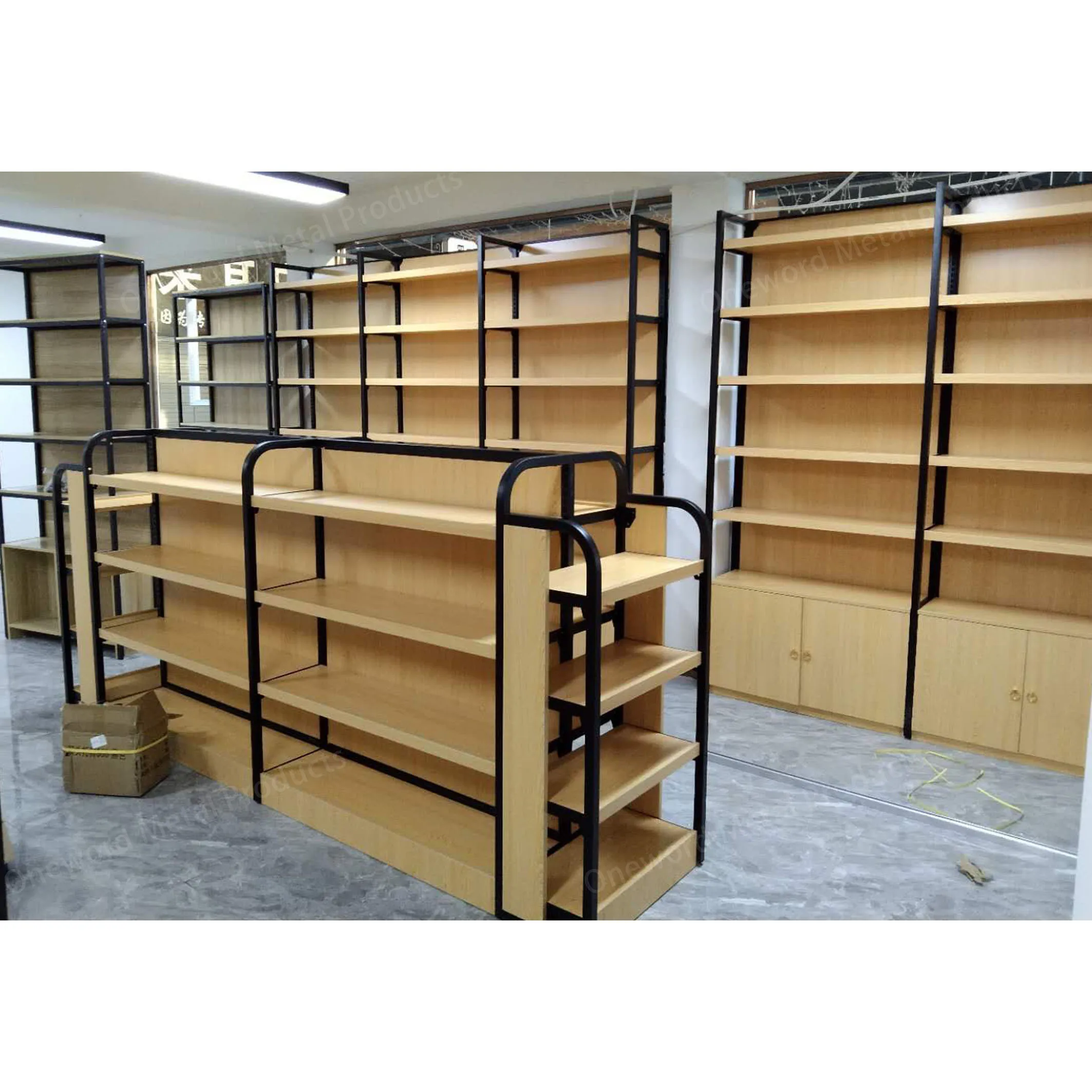 Customized Steel Wooden Supermarket Shelves Grocery Display Shelving Wood And Steel Racks Store Gondola For Sale