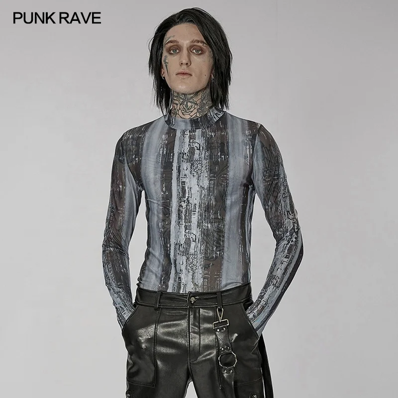 PUNK RAVE WT-751TCM Men Tight Fit Long Sleeves T-shirt  Elastic Gauze Abstract Printing Translucent O Neck Sexy Man Basic Top