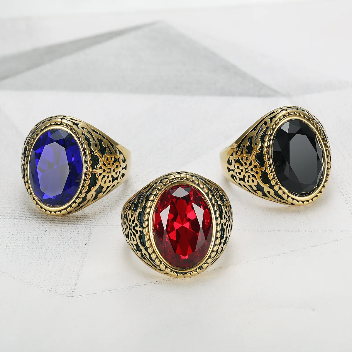 Customized Stainless Steel Punk Style Ring Masonic Men Vintage Rings Punk Ruby Agate Big Gemstone Finger Ring