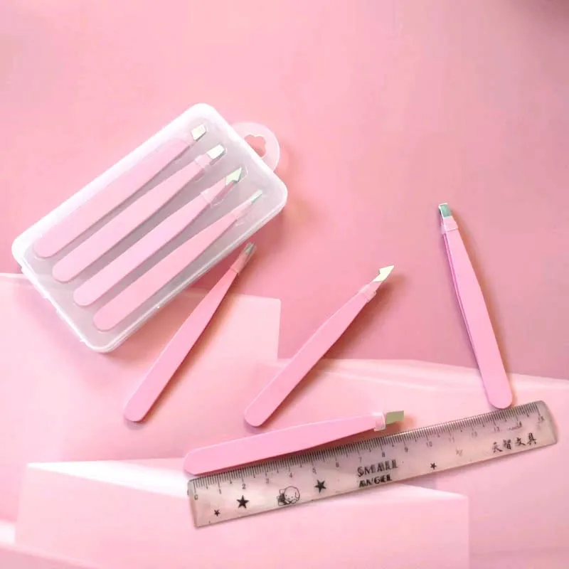 Beauty Customized 4pcs Eyebrow Eyelash Tweezers Set  Black Pink Slanted Pointed Eyelash Eyebrow Tweezers Set with case