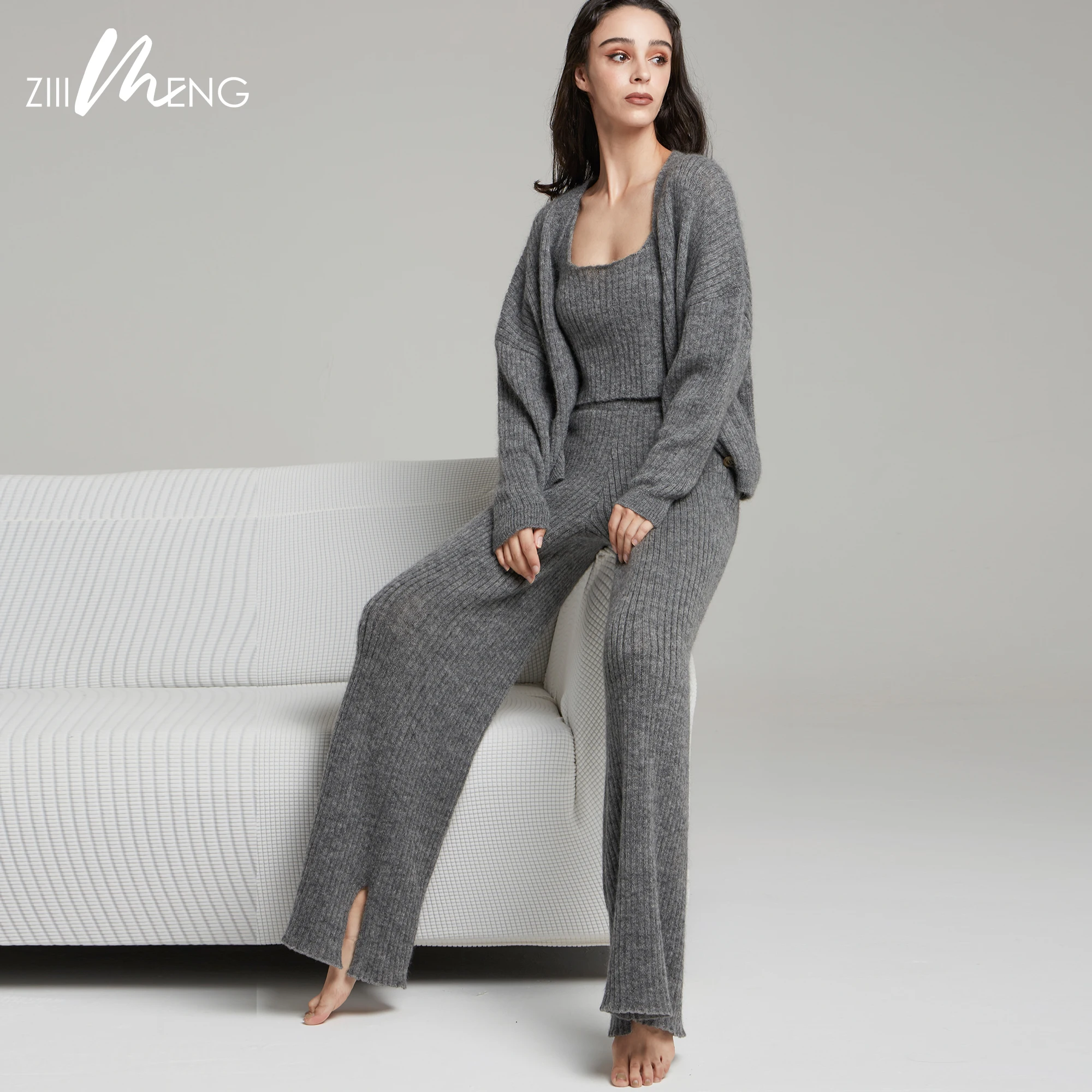 
2020 Casual Home Mohair Blended Yarn Rib Women knitted Wide Leg Pants knitted Pants Set for Women 
