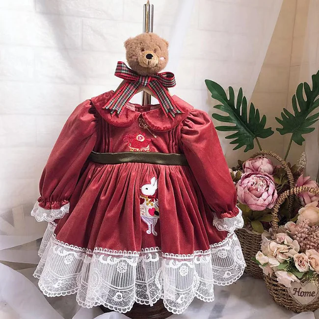 PHB 60927 red color fashion long sleeve Christmas fall girls velvet dress