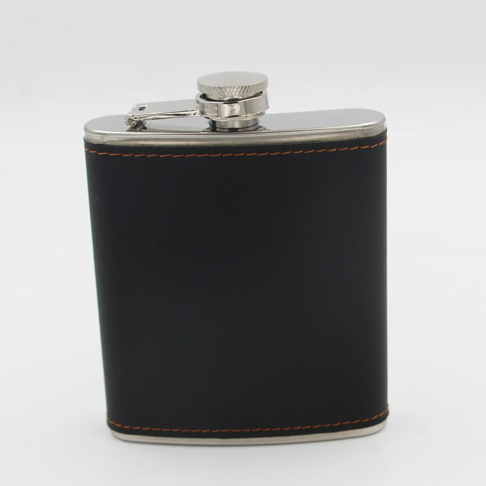 7oz Stainless Steel Whiskey Hip Flask with black leather cover Bonus 2 stainless steel shot cup and 1 funnel Gift Set