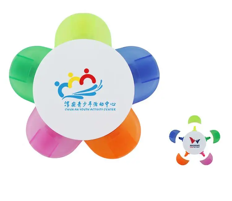 Custom Logo Multi-Color Flower-Shaped Highlighter Markers 5-in-1 Promotional Fluorescent Pen Set Oblique Brush Tip Loose
