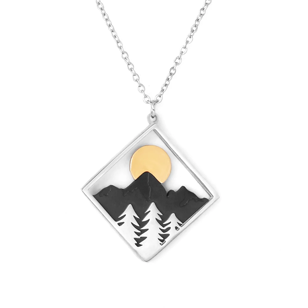 New Arrival Forest Moon Mountain Range Design Pendant Adjustable Stainless Steel Landscape Pendant Necklace For Women Men