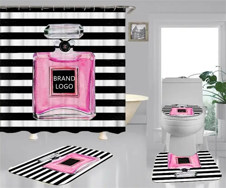 Wholesale Custom Luxury Famous Fashion Brand Designers Rug Cortina De Ducha Bathroom 4pcs Mat Set Shower Curtain