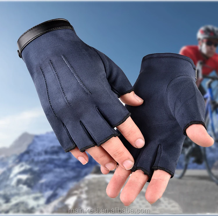 Suede half-finger thermal gloves for men winter writing students thickened with fleece driving gloves