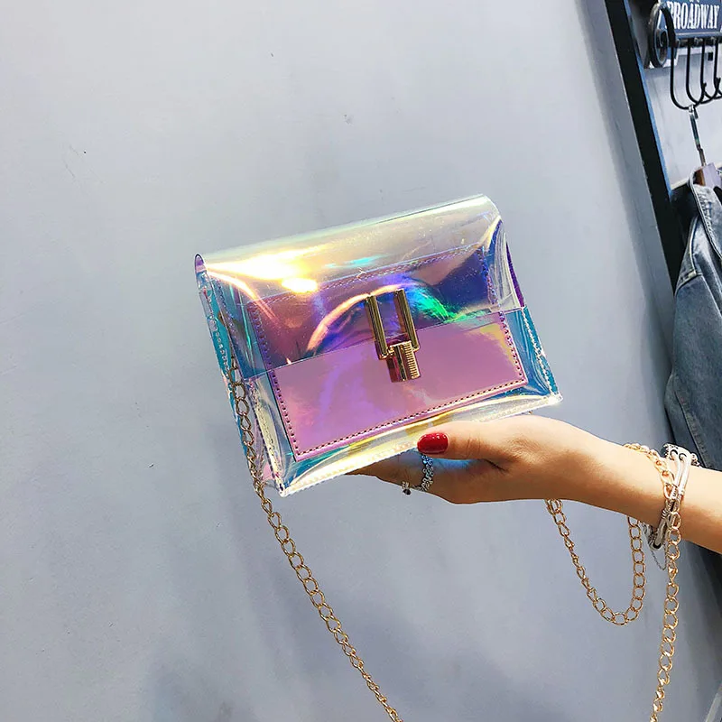 Wholesale colorful transparent pvc neon chain purses bags jelly handbags for women