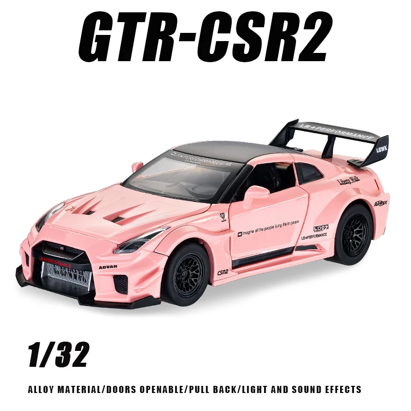 Diecast 1/32 Nisson GTR Alloy car model sound and light pullback doors open GTR metal model car display collection toy