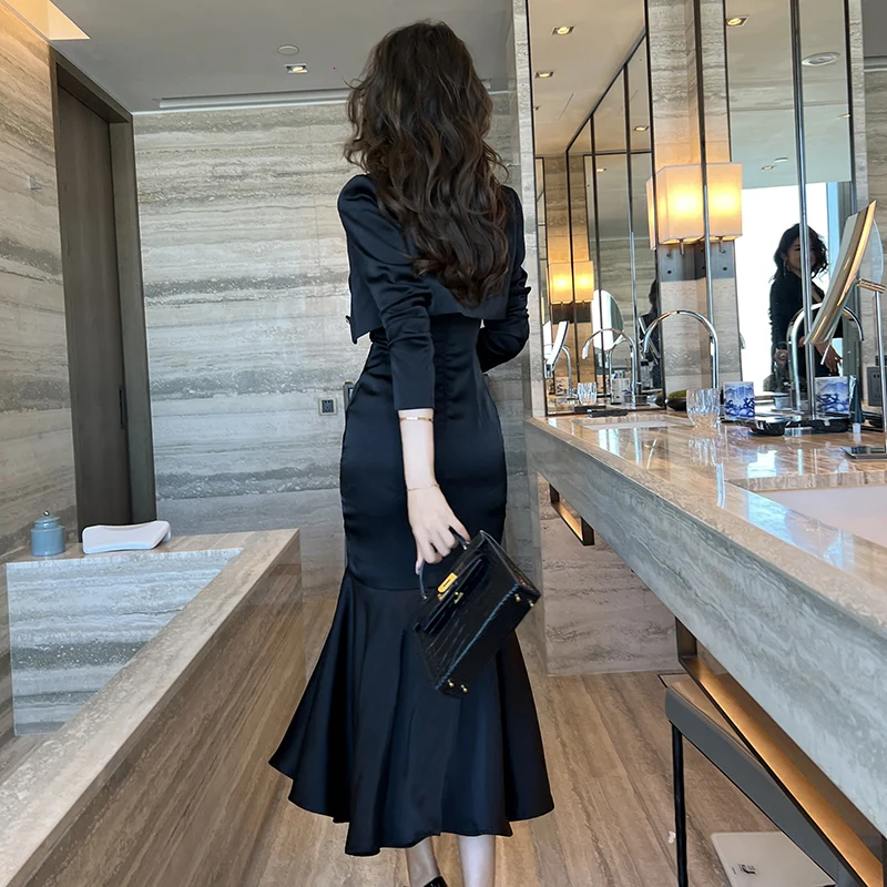 ZYHT 10206 Trending Products 2022 Ladies Two Piece Set Black Women Clothing Spaghetti Strap Long Dress