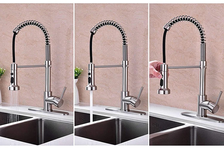 stainless steel kitchen faucet with pull out sprayer base panel spring flex sink water mixer tap short 2 mode silver or black