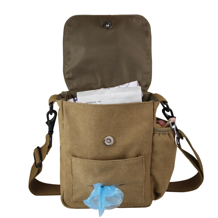 Custom Hands Free Small Portable Canvas Pet Walking Training Dog Treat Pouch Bag With Shoulder Strap And Poop Bag Pocket