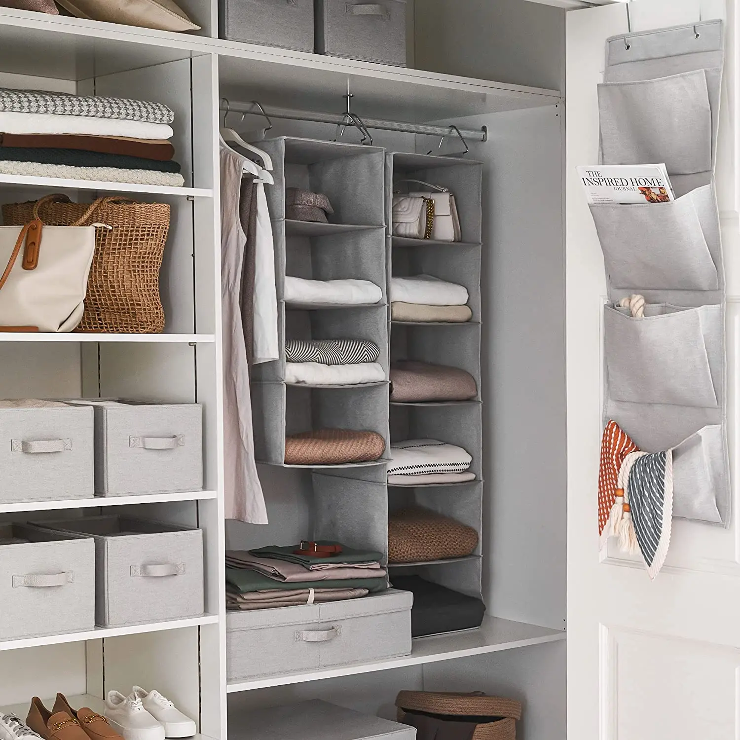 6-shelf Closet Storage Organiser, Double Rod Non-woven Fabric Clothes Storage Organizer