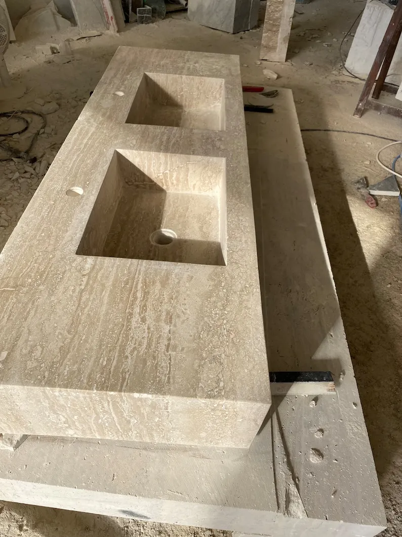 Stone Vanity Top Travertine Double Sink Bathroom Vanity Top Modern Natural TR Marble Beige 3D Model Design Bathroom Decor,villa