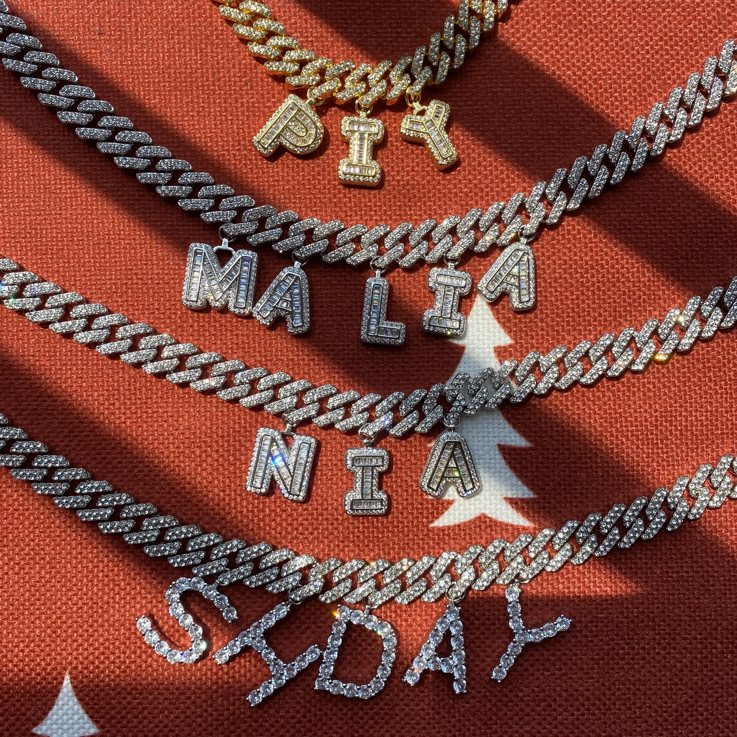 Hip Hop Iced Out Miami Custom Letters Charm Necklace Bracelet Cuban Cuban Chain Link Chain