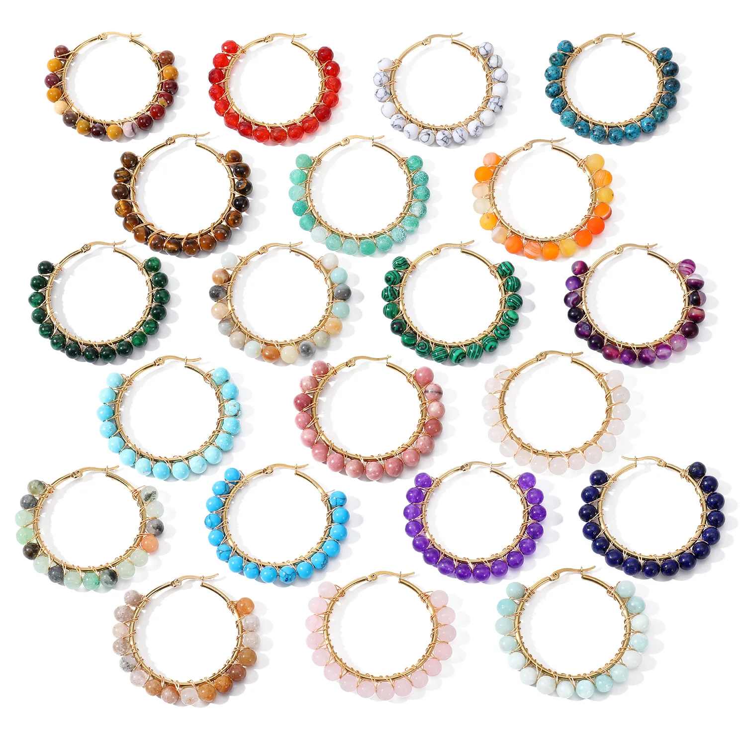 New Natural Stone Jewelry Tiger Eye Crystal Turquoise Beads Stainless Steel Wire Wound Beaded Hoop Earrings