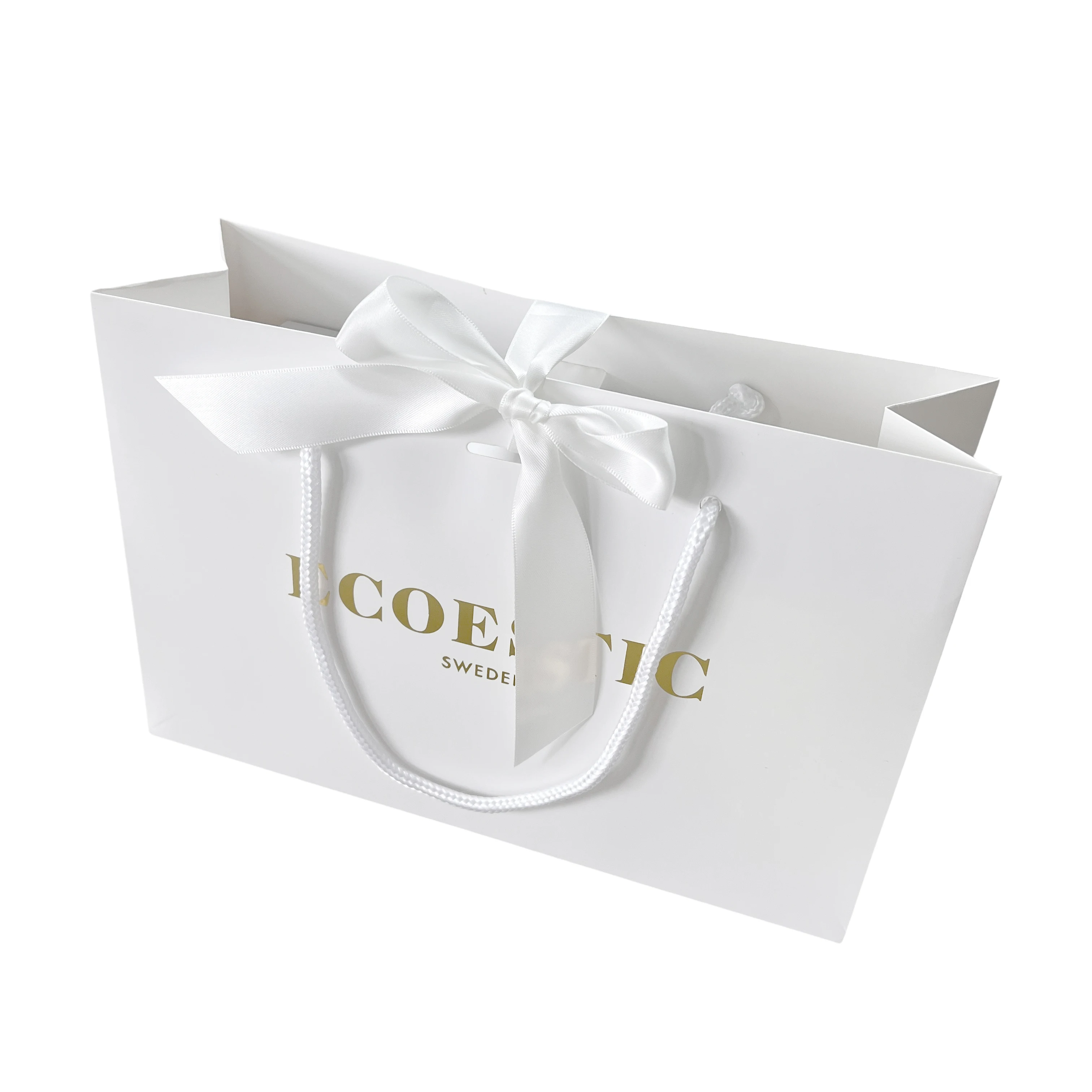 Белый роскошный бумажный подарочный пакет на заказ, биоразлагаемая упаковка для малого бизнеса с вашим собственным логотипом, рекламная лента для аксессуаров