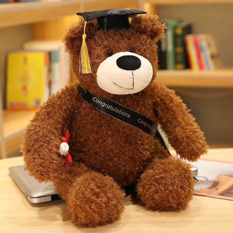 Factory Price 35cm Stuffed Animal Cute Bachelor Dr. Student Graduation Plush Teddy Bear With Red Hat