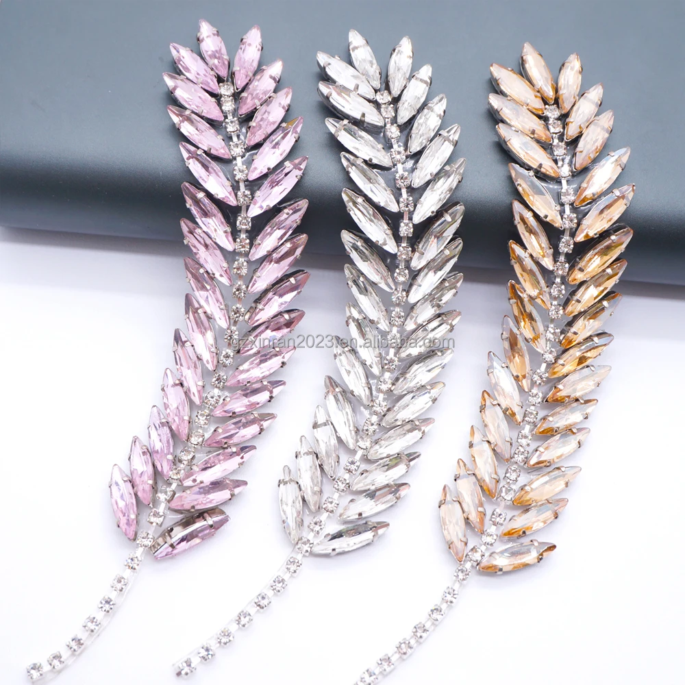 PH041hot fix Glass Applique Silver Metallic feather Crystal Rhinestone Patch For Brides Dress