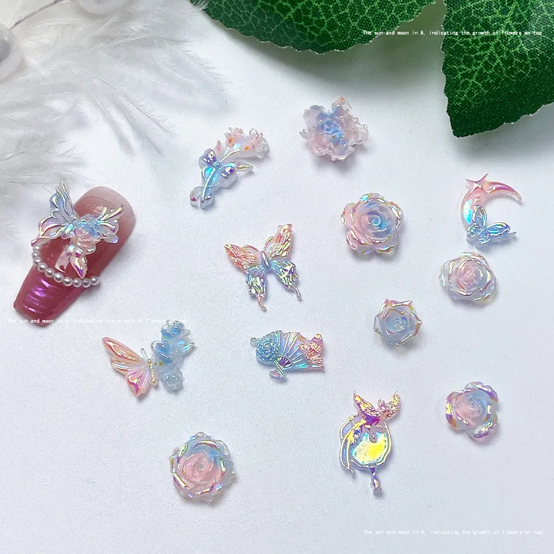 5pcs/bag Resin 3D Kitty Kawaii Aurora Butterfly Nail Charms Luxury Flower Accessories For Nail Art Decoration