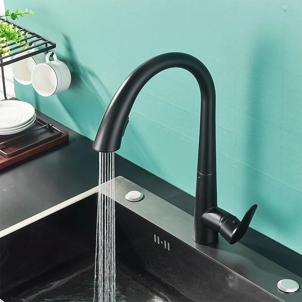 Black Kitchen Faucet Two Function Single Handle Pull Out Mixer Hot and Cold Water Taps Deck Mounted 360 Rotation Mixer Tap