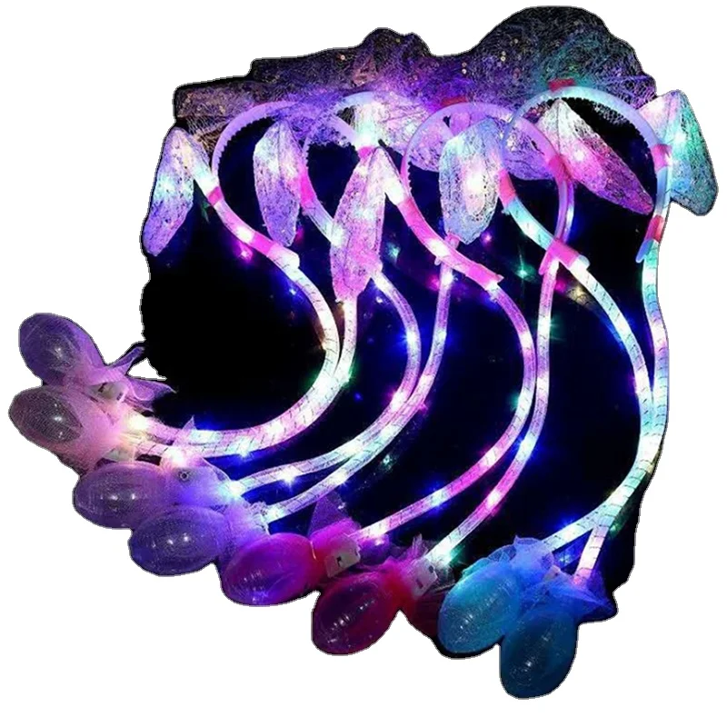 Cute LED Glowing Ear Hat Sequin Lace Headband Air Bag Can Moving Rabbit Ears Toy Hair Hoop Party Photo Props Sweet Headwear Gift