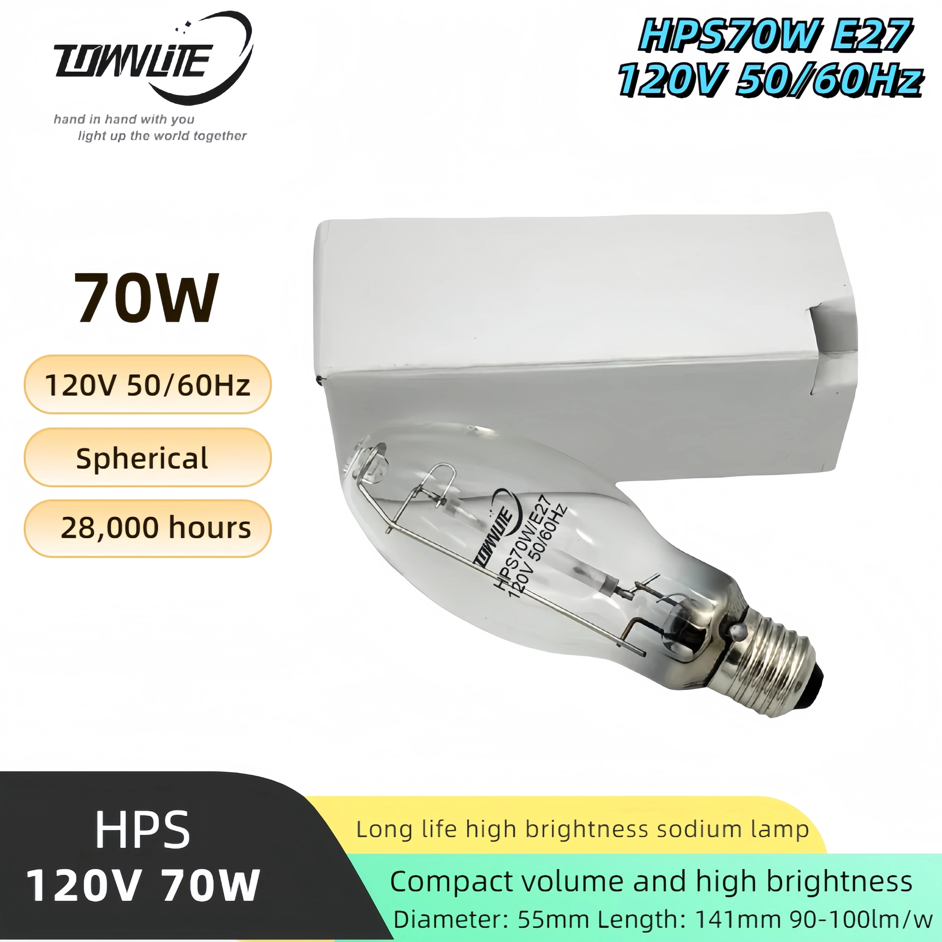 High luminous efficiency transparent spherical US standard ED55 28000Hours 120v 50/60Hz HPS70W E27 low pressure sodium lamp