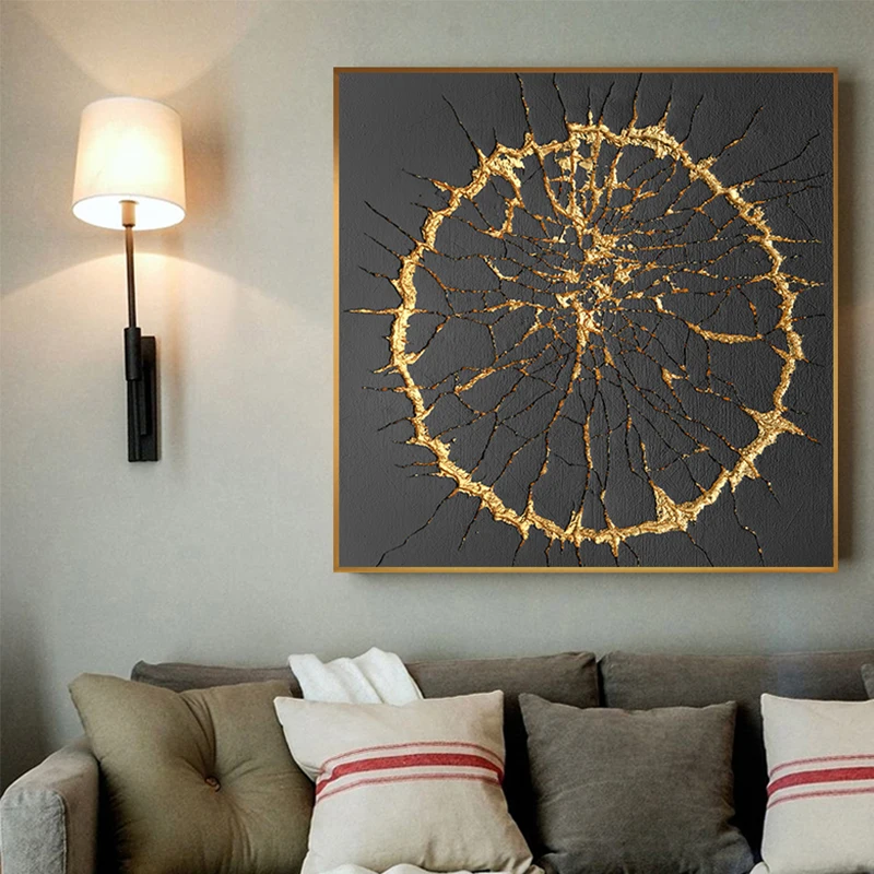 Fashion Square Black And Gold Burst Circle Canvas Painting Wall Art for Living Room Home Decor (No Frame)